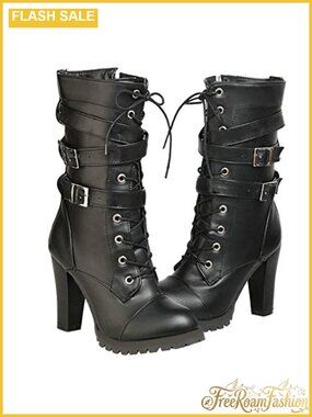 Womens Lace Up Mid Calf Chunky Heel Combat Boots Buckles Synthetic
